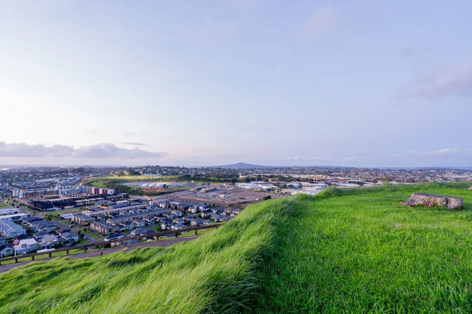 A scenic view of Auckland city with lush green hills in the foreground under a blue sky.